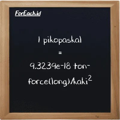 1 pikopaskal setara dengan 9.3239e-18 ton-force(long)/kaki<sup>2</sup> (1 pPa setara dengan 9.3239e-18 LT f/ft<sup>2</sup>)